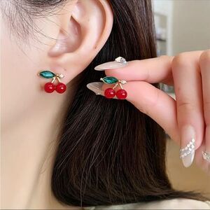 Gold Plated Red Cherry Stud Earrings